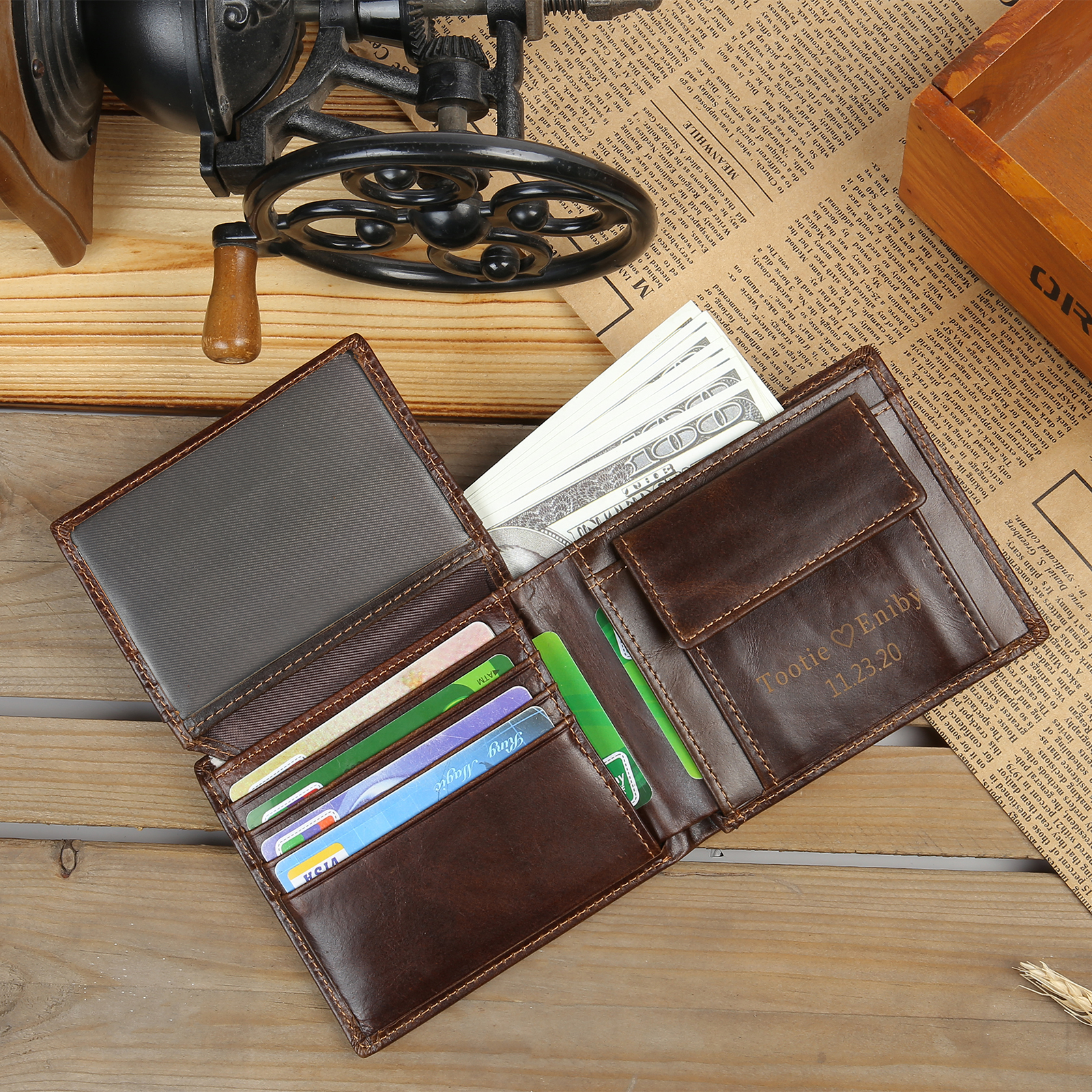 Cartera, billetera personalizada con 2 textos, 1 nombre y 1 letra monedero para hombre-Jessemade ES