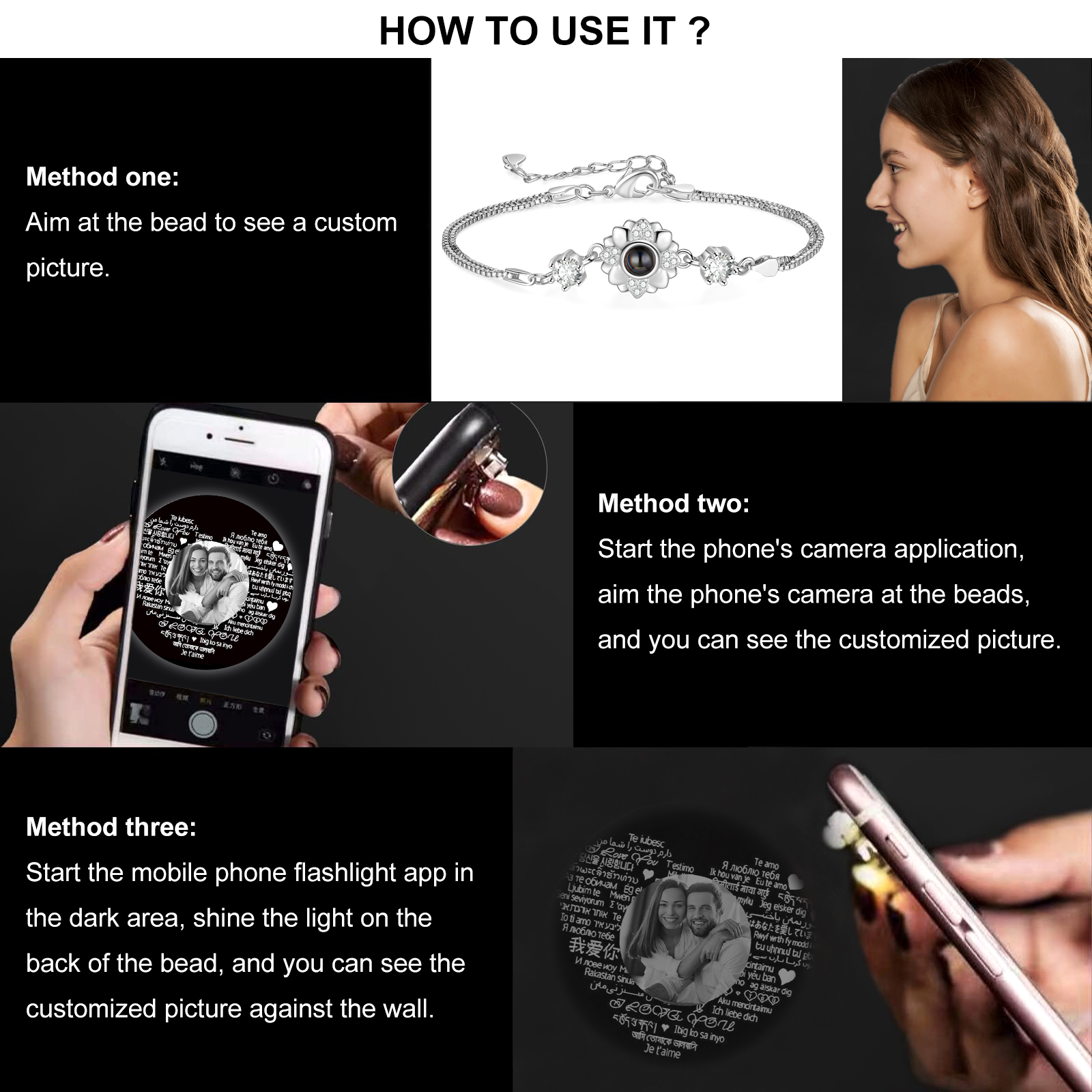 Pulsera con proyección de foto con dije de flor-Jessemade ES