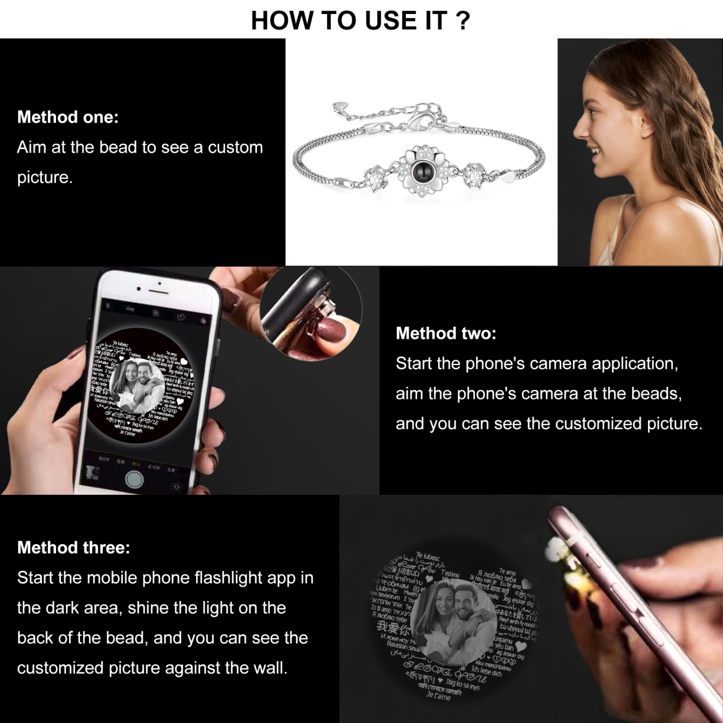 Pulsera con proyección de foto con dije de flor-Jessemade ES