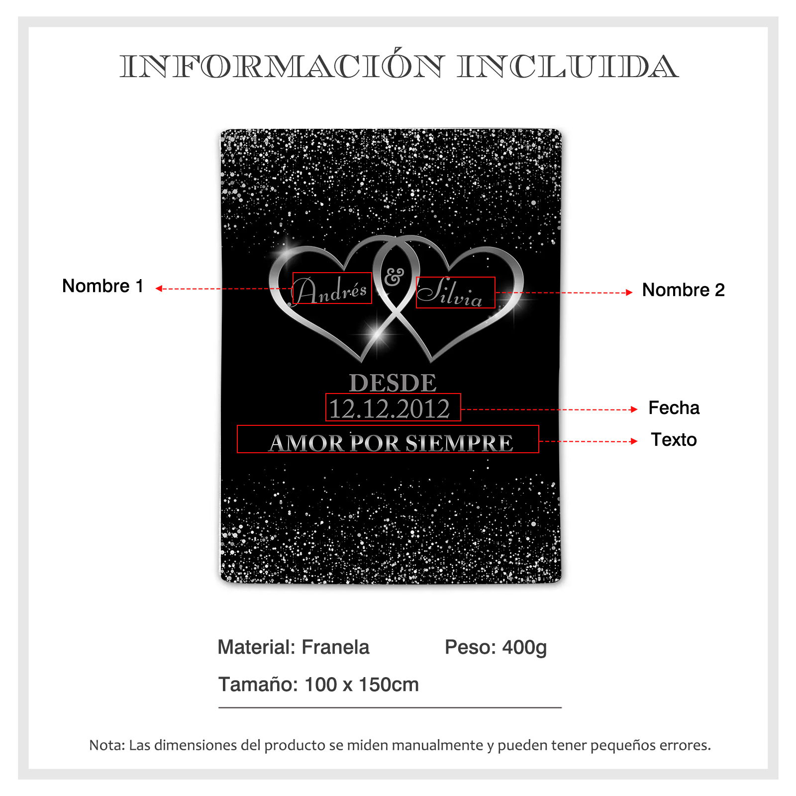 Pareja-Manta de buen calidad de corazones conectados personalizada con nombres, texto y fecha 4 colores-Jessemade ES