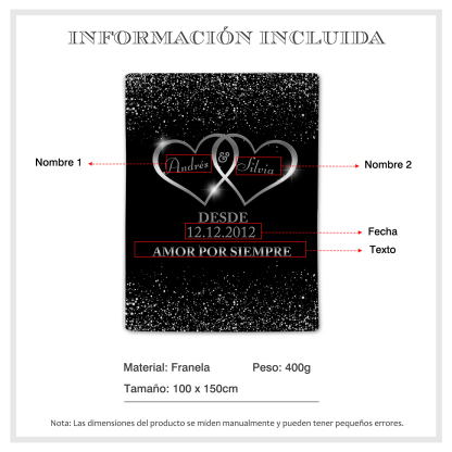 Pareja-Manta de buen calidad de corazones conectados personalizada con nombres, texto y fecha 4 colores-Jessemade ES