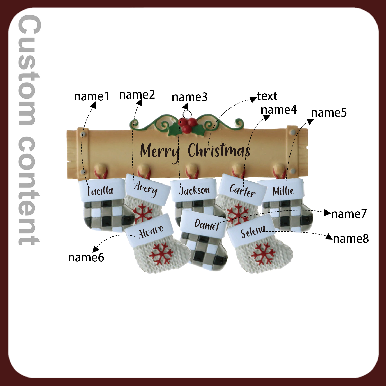 Navidad-Ornamento muñecos navideño de madera calcetines 8 nombres y 1 texto personalizados adorno del árbol-Jessemade ES