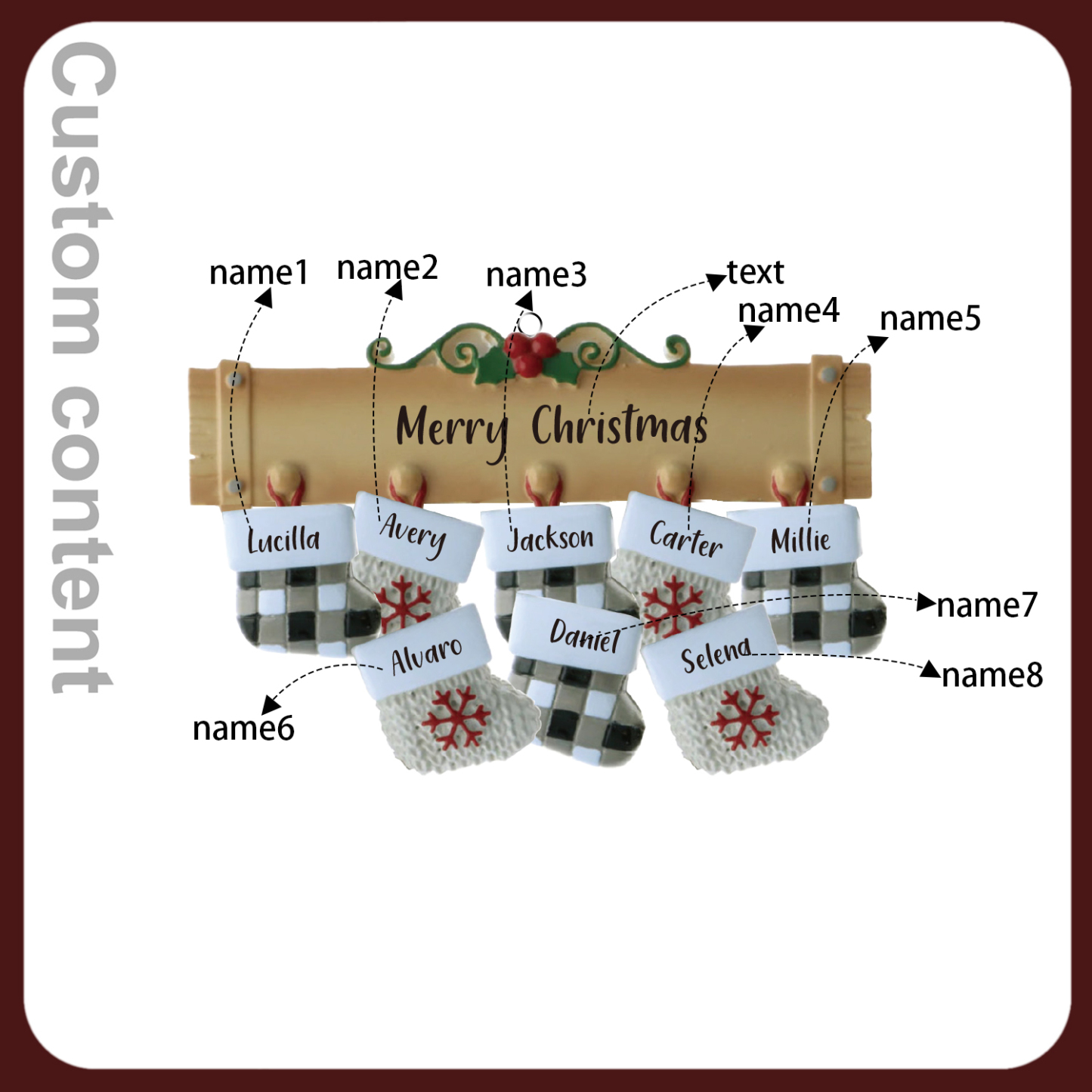 Navidad-Ornamento muñecos navideño de madera calcetines 8 nombres y 1 texto personalizados adorno del árbol-Jessemade ES
