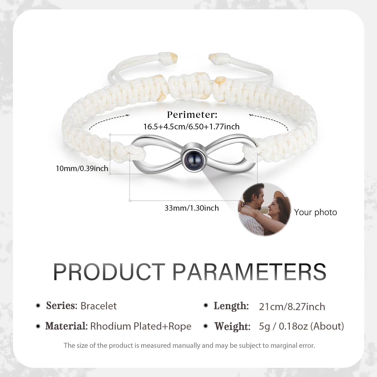 Pulsera con proyección de foto en color con dije de lazo y 3 colores de cuerda ajustable-Jessemade ES