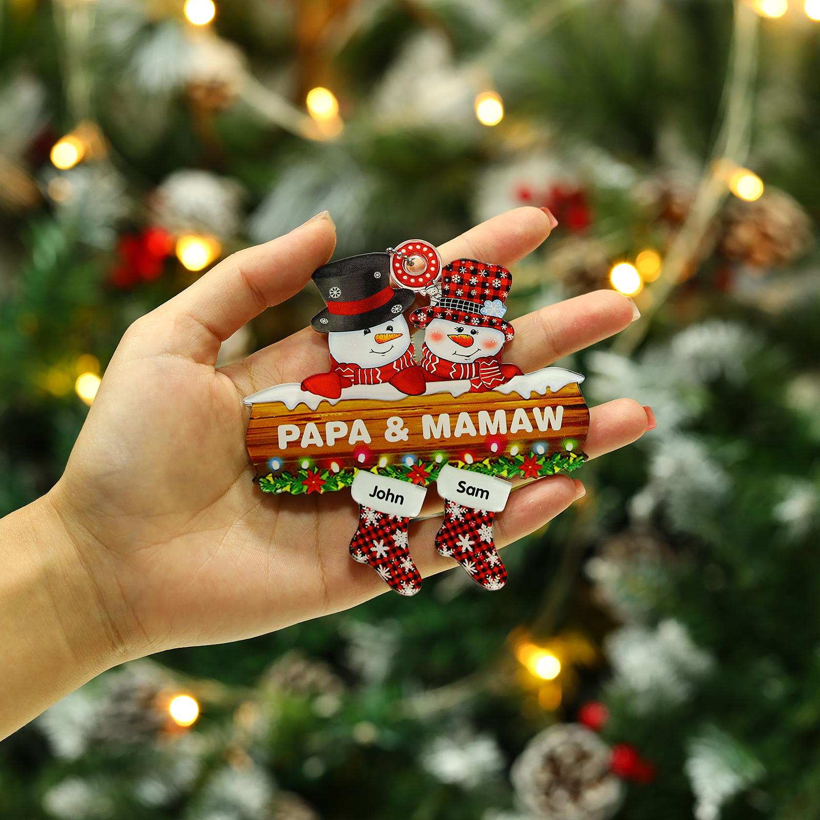 Navidad-Ornamentos Navideños de Acrílico Muñecos de Nieve 2 Nombres con Texto Personalizados