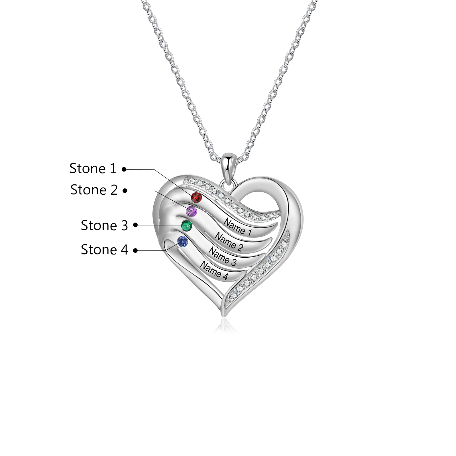 Collar de corazón de plata 925 con 4 nombres y piedras de nacimiento personalizados-Jessemade ES
