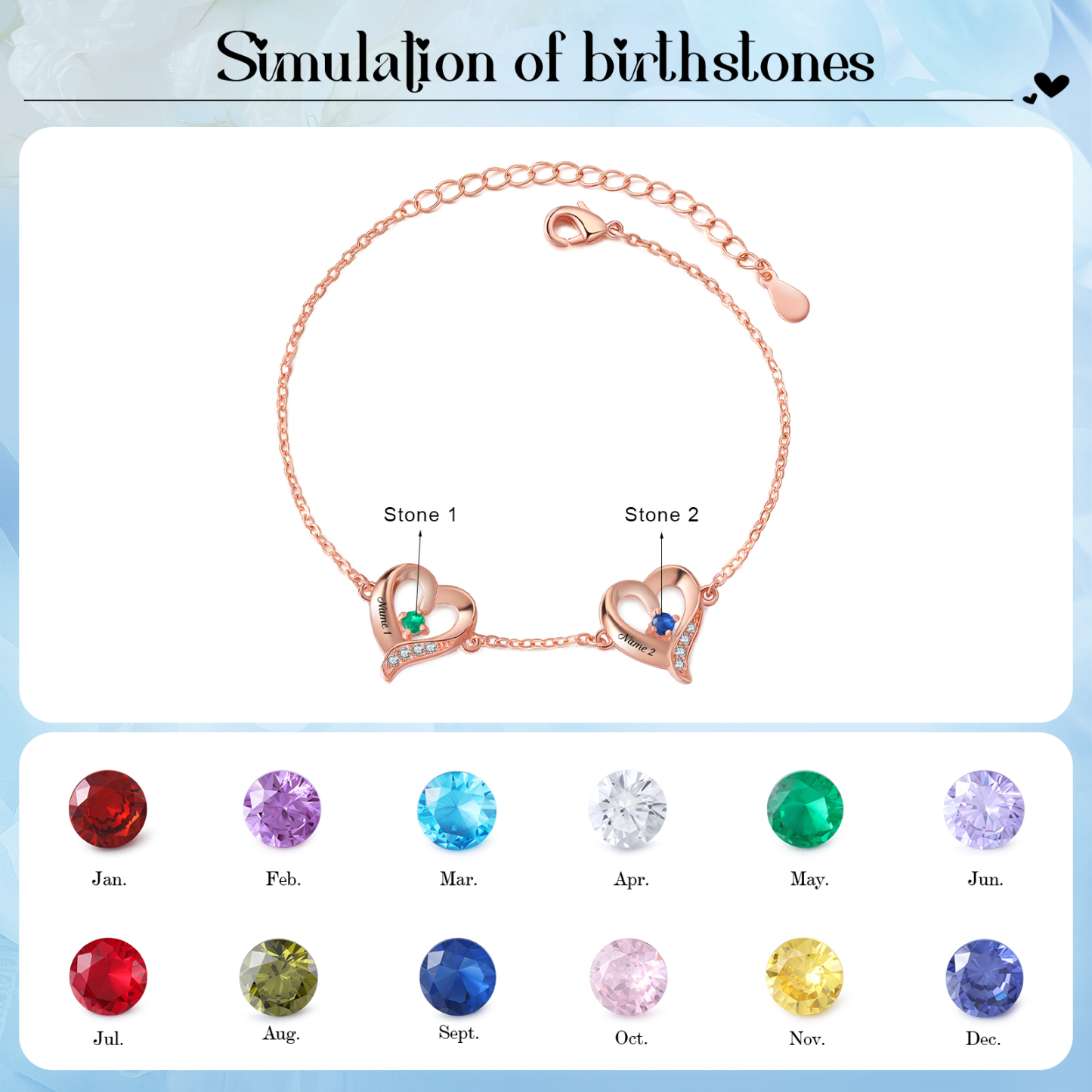 Pulsera 1-7 nombres y piedras personalizados con dije de corazón-Jessemade ES