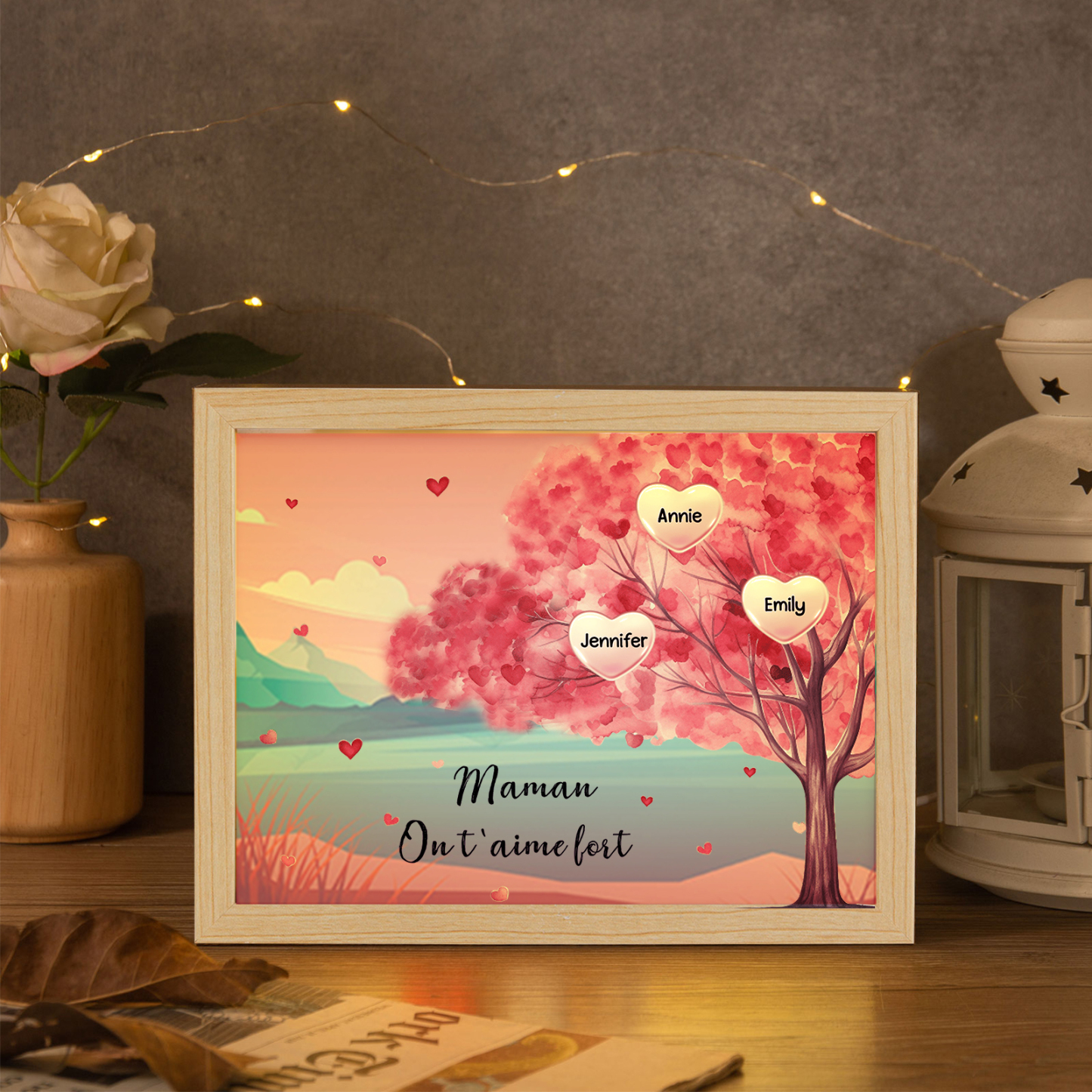 Marco con LED Árbol de la Vida 1-10 Nombres Personalizados con 1 Texto-Jessemade ES