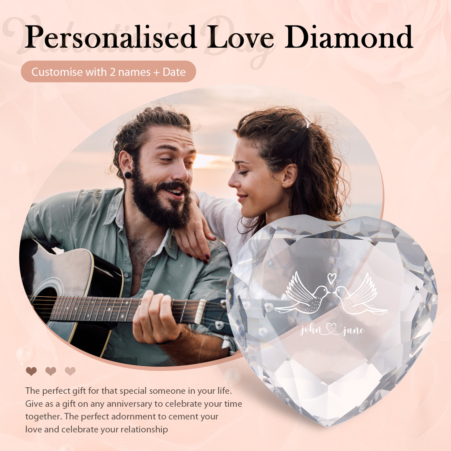 Decoración de vidrio de corazón con 2 nombres personalizados para el AMOR-Jessemade ES