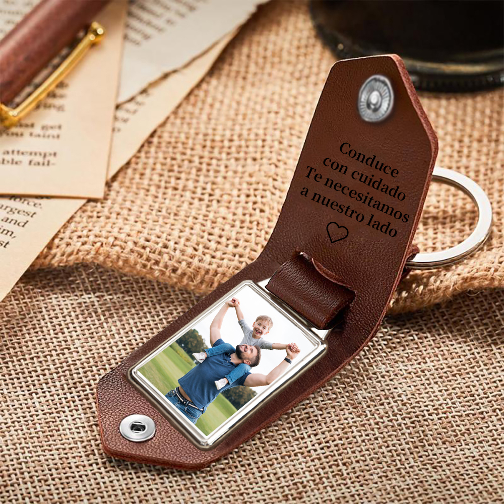 Llavero para papá de cuero personalizado con 1 texto y foto-Jessemade ES