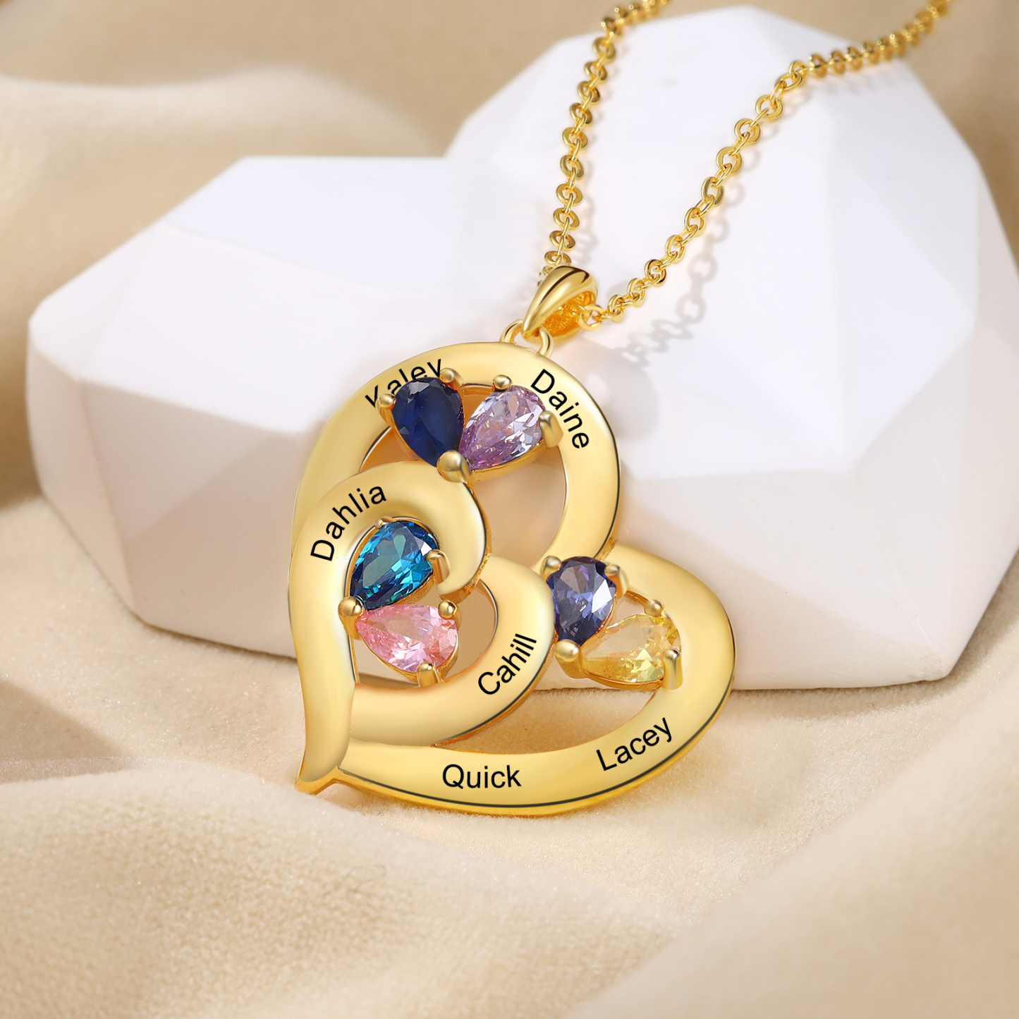 Collar corazón con 1-6 nombres personalizados y 1-6 piedras de nacimiento-Jessemade ES