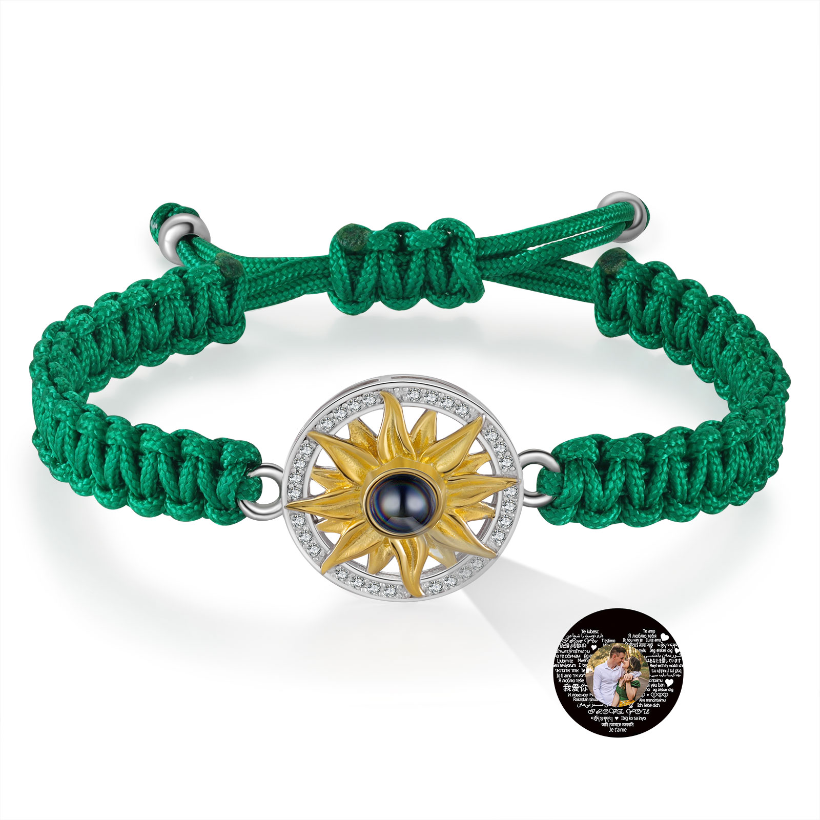 Pulsera con proyección de foto con dije de girasol cuerda verde-Jessemade ES