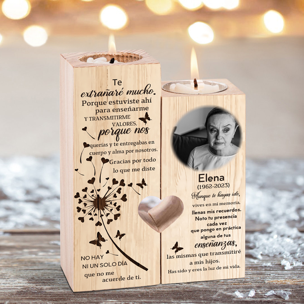 Candelero de dos piezas en memoria de ser querido de madera nombre, foto y año personalizados sin vela-Jessemade ES