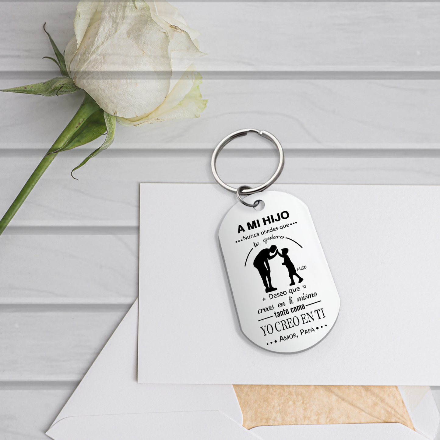 A mi hijo-Llavero de placa "yo creo en ti" de papá personalizado con 1 nombre-Jessemade ES