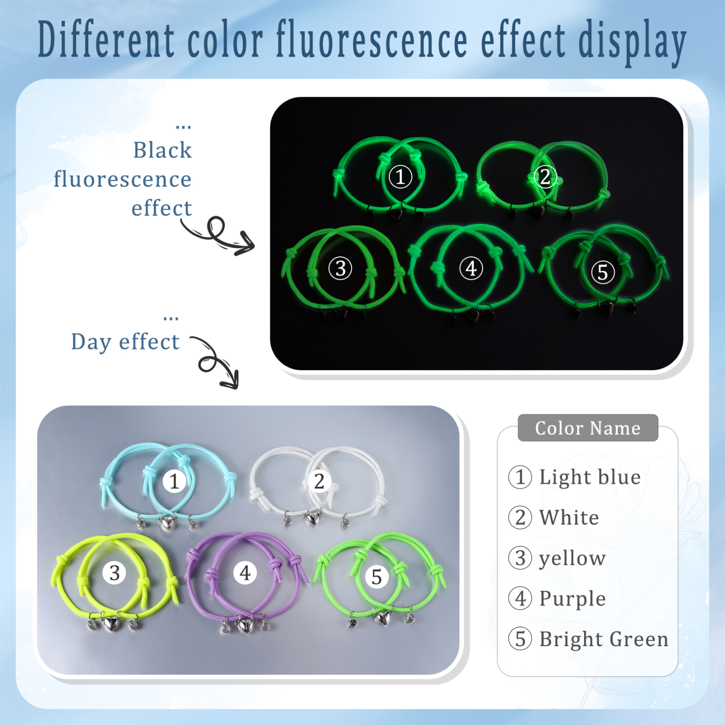 Pulsera de cuerda fluorescentepara pareja con proyección de foto con dije de corazón magnético-Jessemade ES