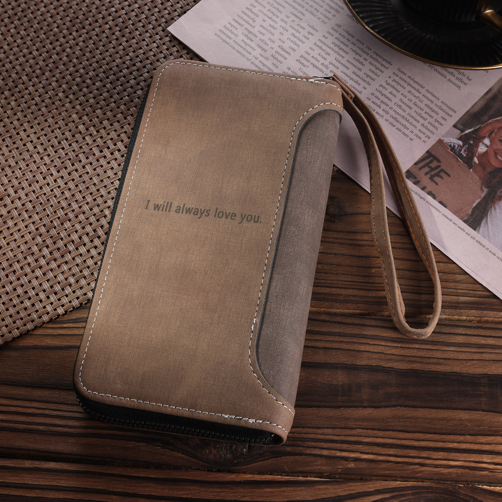 Cartera, billetera con cierre personalizada con 1 foto y 1 texto monedero para hombre-Jessemade ES