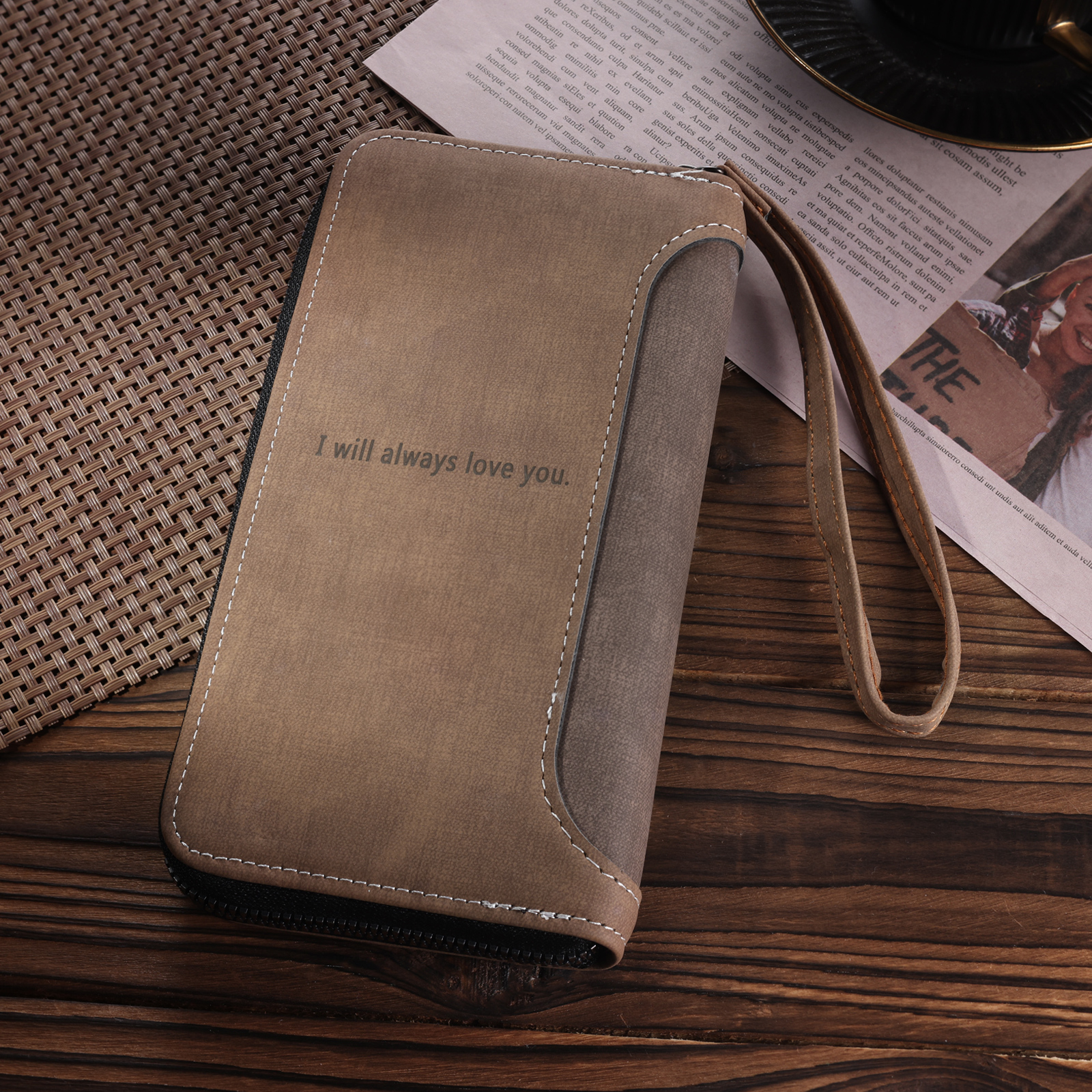 Cartera, billetera con cierre personalizada con 1 foto y 1 texto monedero para hombre-Jessemade ES