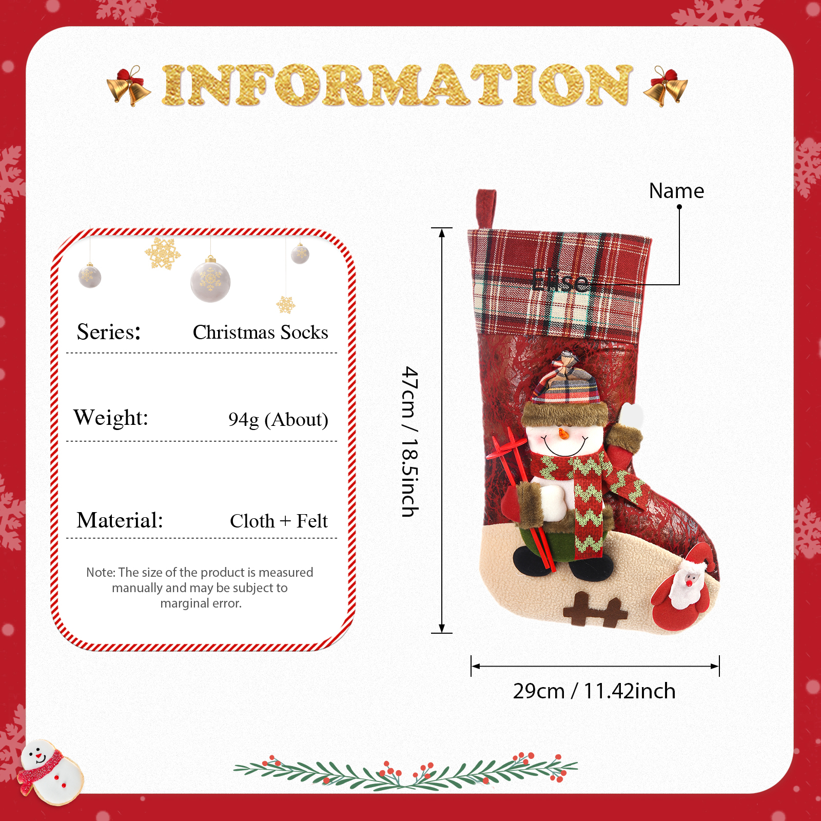 Adornos de medias navideñas con muñeco Bolsa de regalo 1 Nombre personalizado-Jessemade ES