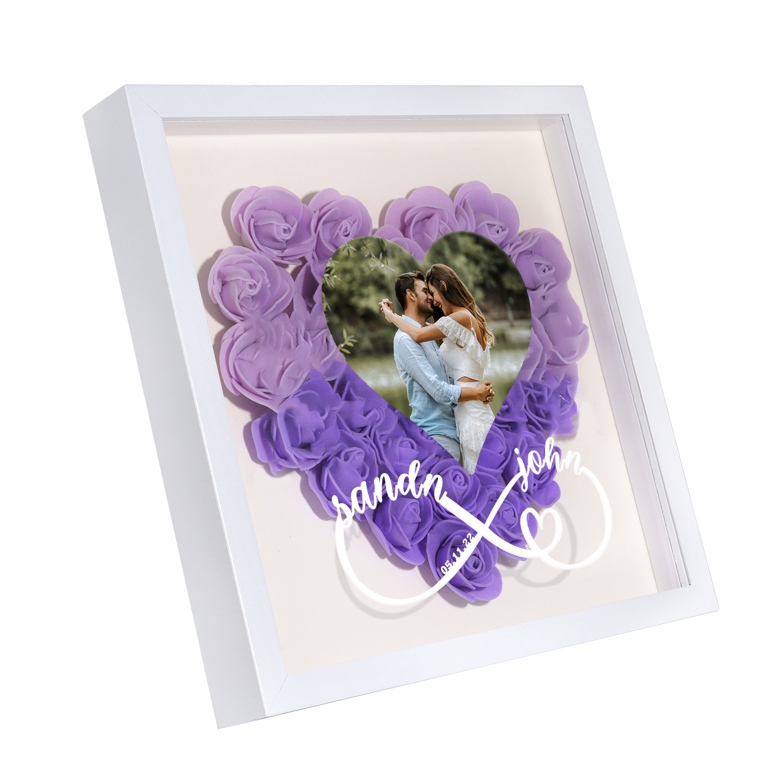 Marco con flores de madera para pareja foto, 2 nombres y fecha personalizados-Jessemade ES