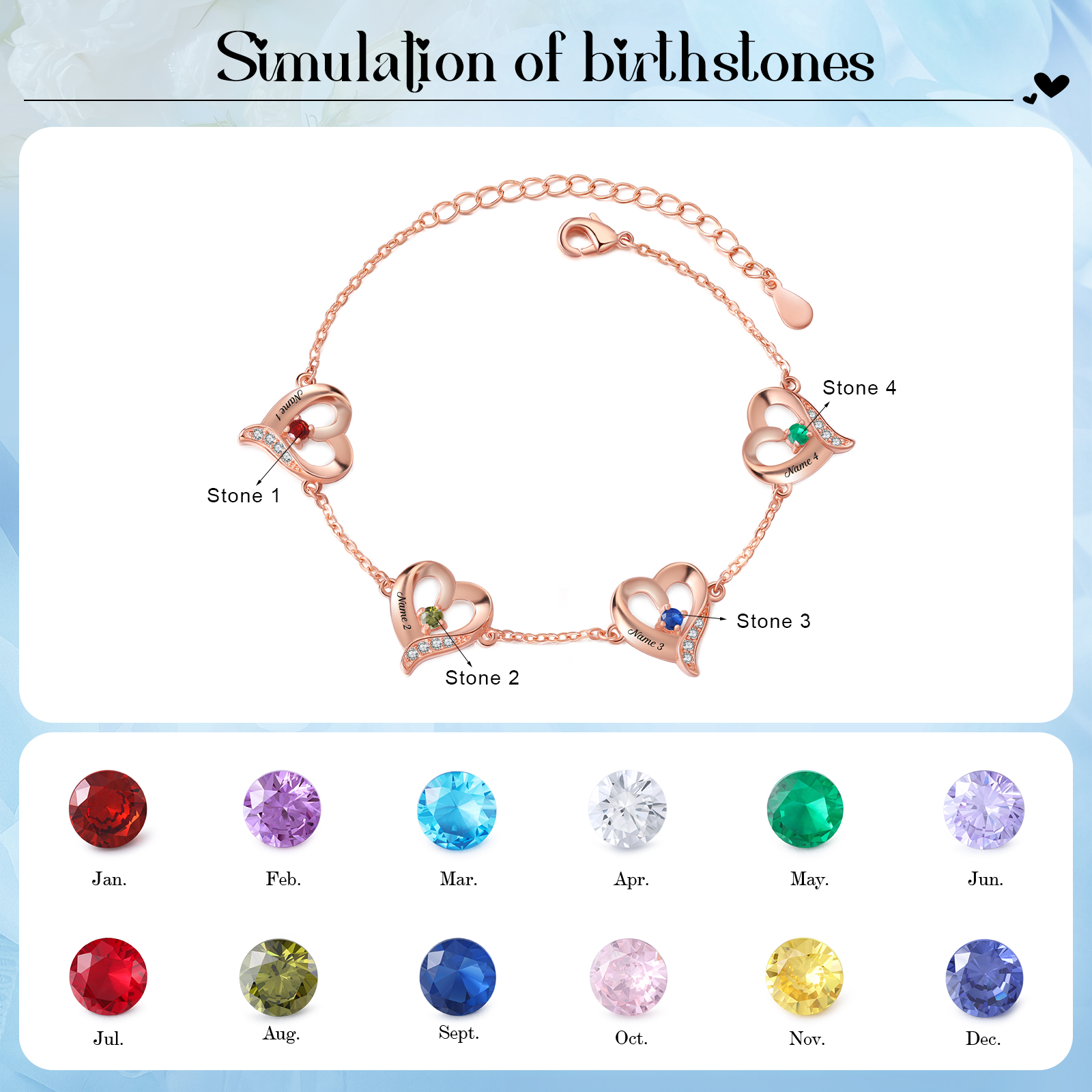 Pulsera 1-7 nombres y piedras personalizados con dije de corazón-Jessemade ES