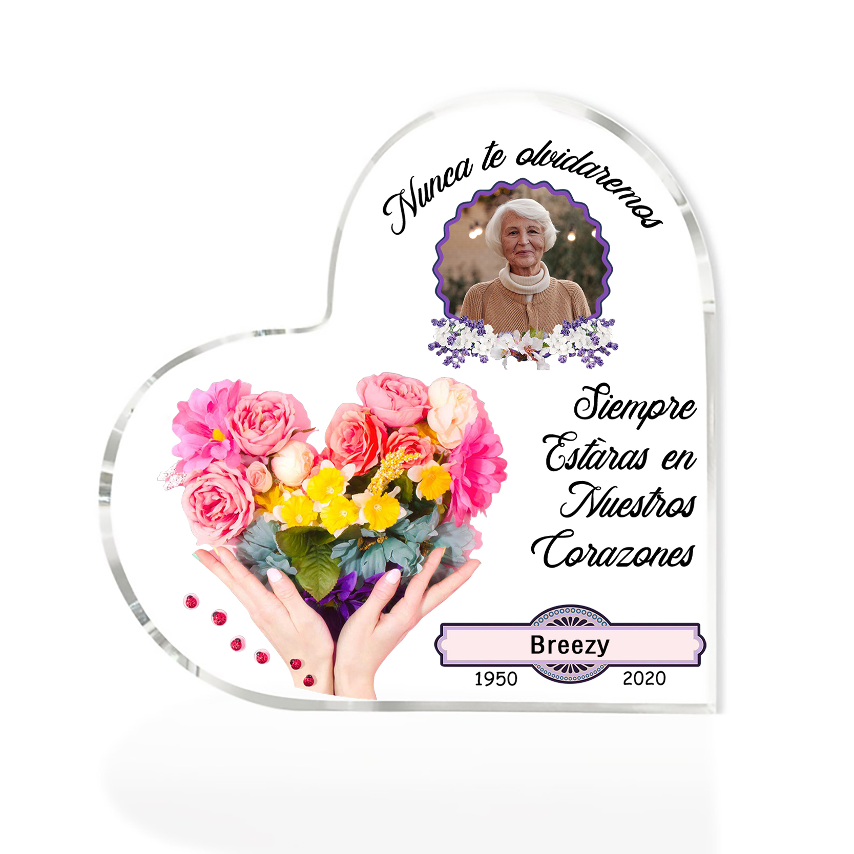 Placa de acrílico en forma de corazón con 1 foto, 1 nombre y 2 años personalizados para conmemoración-Jessemade ES