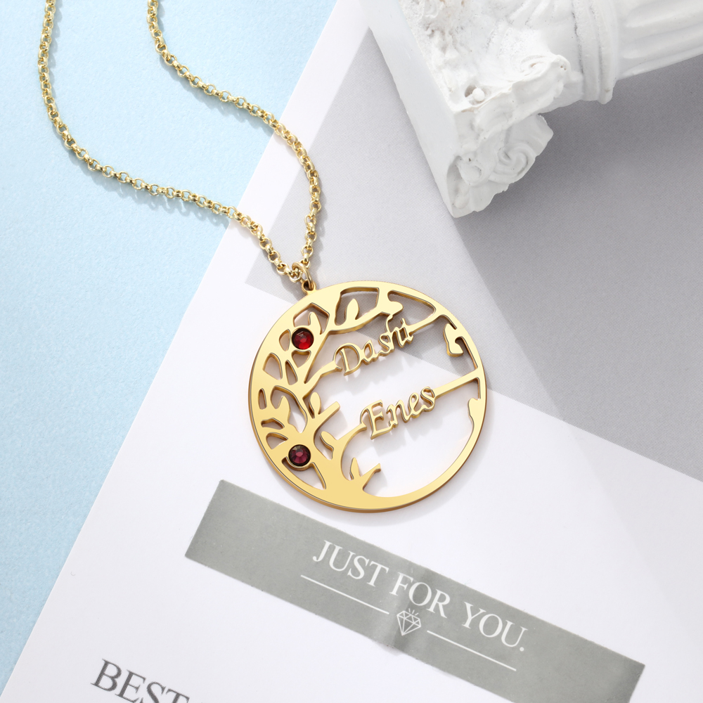 Collar de plata 925 Árbol de la Vida Árbol Genealógico 2 nombres y 2 piedras de nacimiento-Jessemade ES