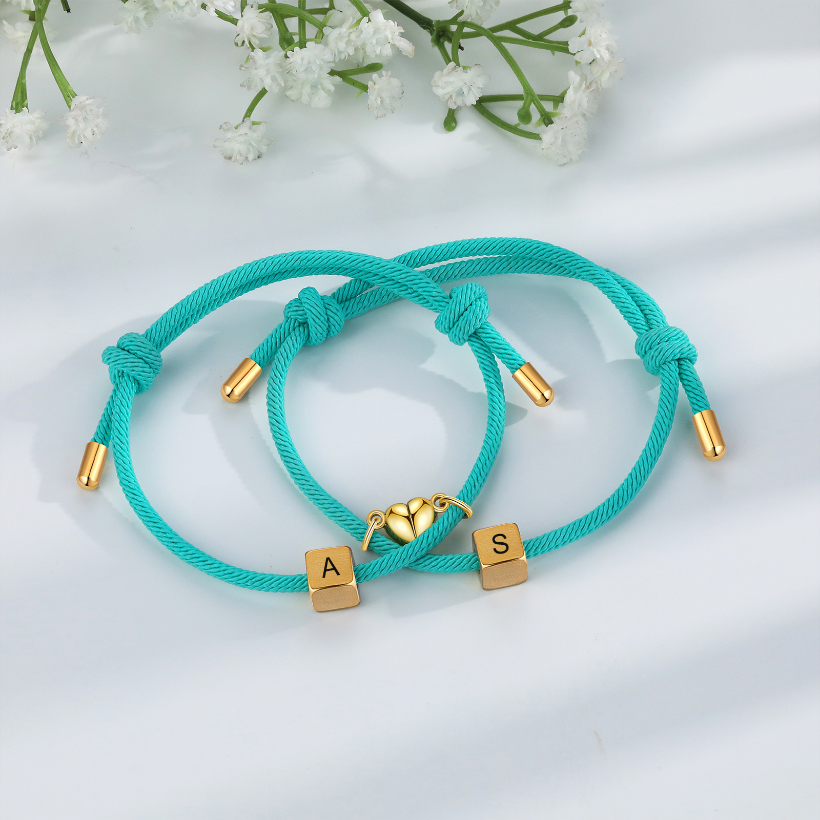 Pulseras de cuerda personalizadas para pareja con dije de corazón magnético grabado de dos letras-Jessemade ES
