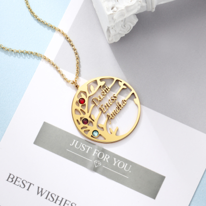 Collar de plata 925 Árbol de la Vida Árbol Genealógico 3 nombres y 3 piedras de nacimiento-Jessemade ES