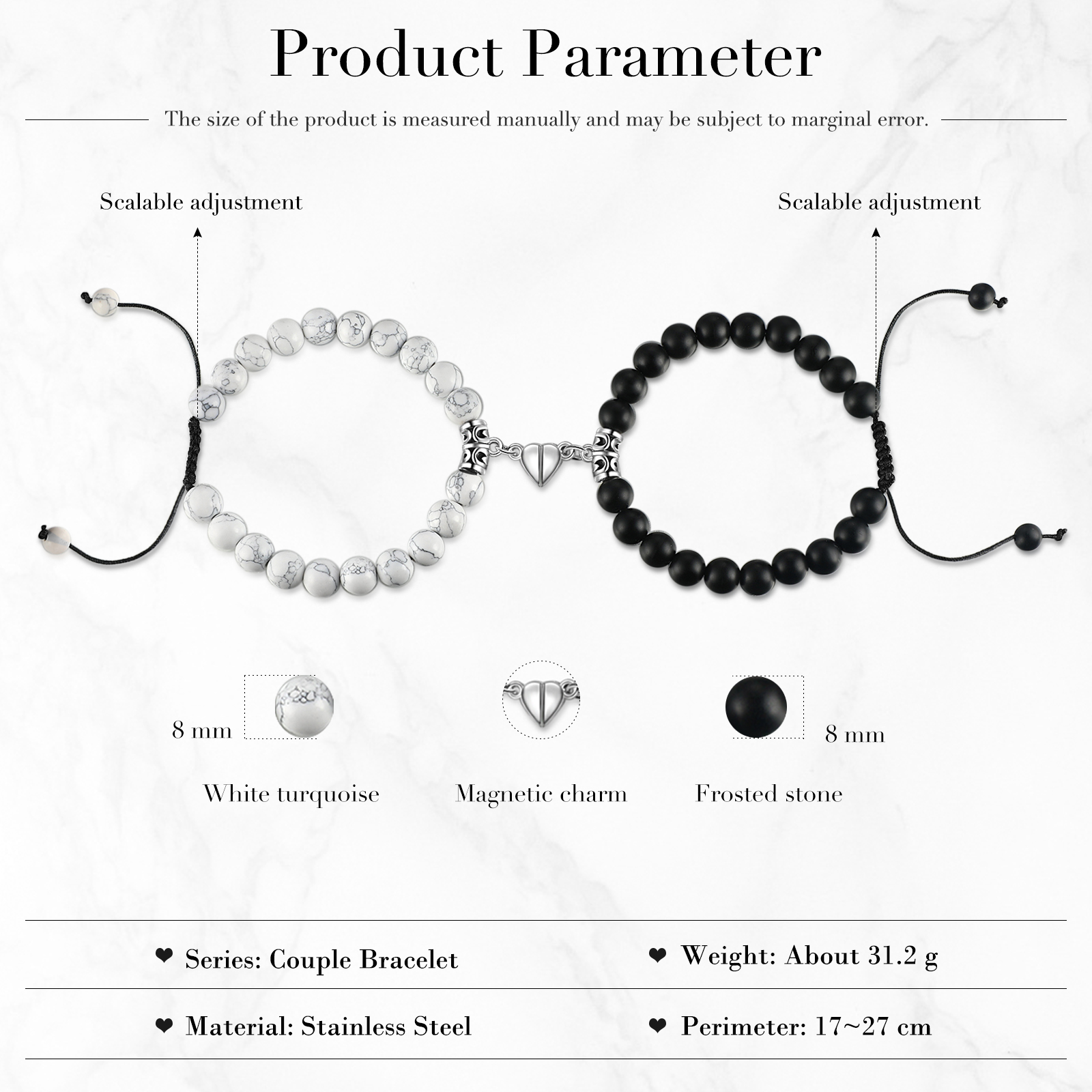 Pulseras de cuerda y piedras para pareja con dije de corazón magnético-Jessemade ES