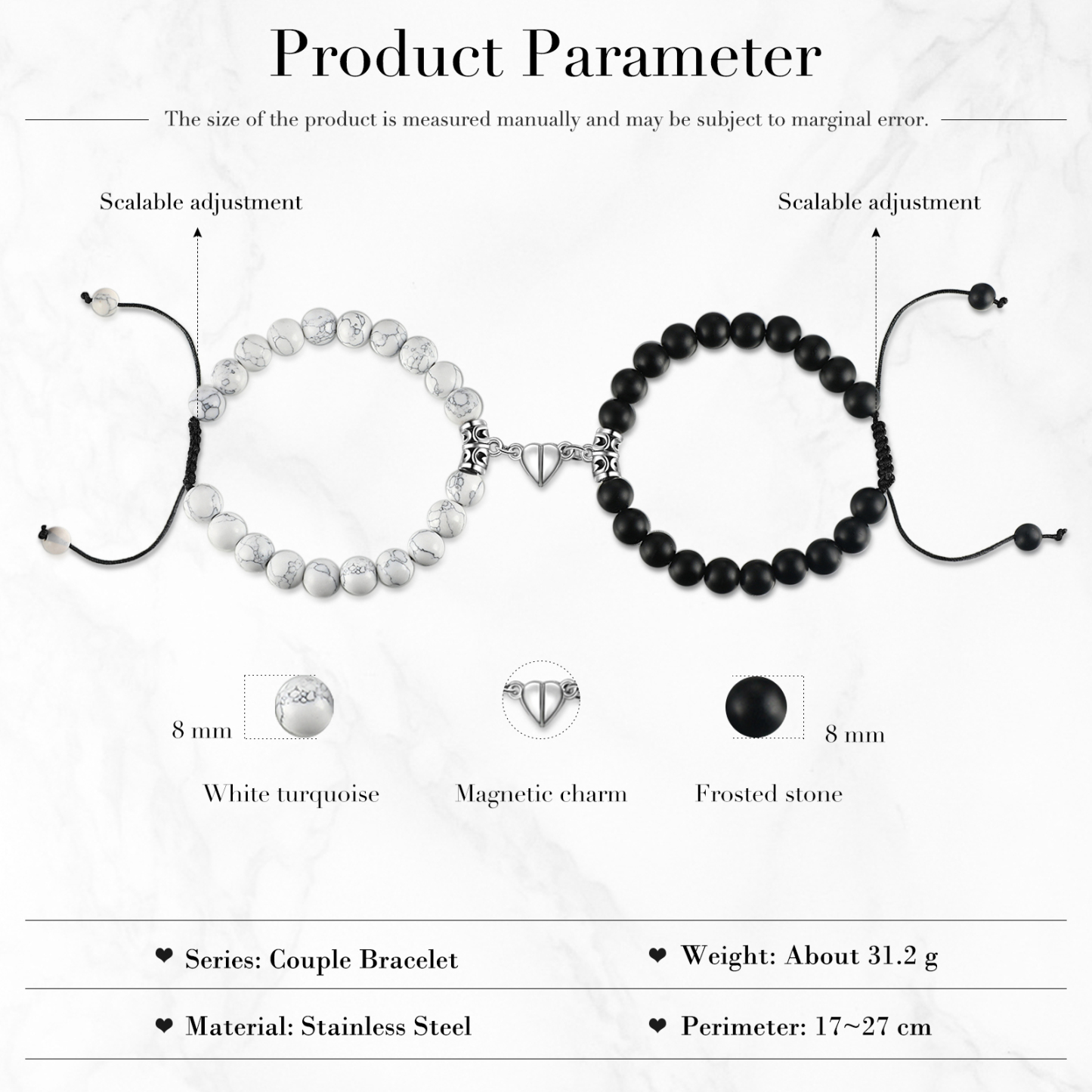 Pulseras de cuerda y piedras para pareja con dije de corazón magnético-Jessemade ES