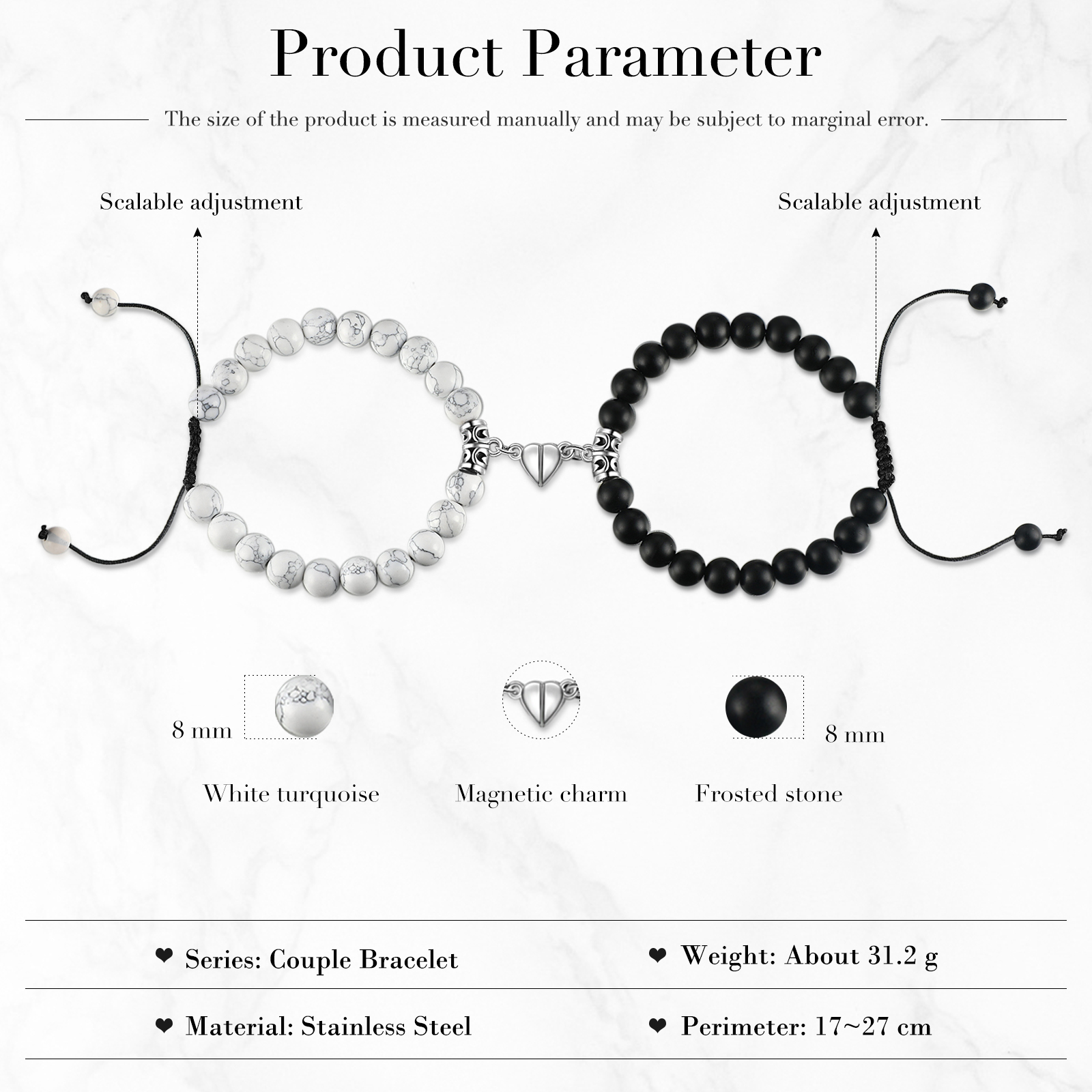 Pulseras de cuerda y piedras para pareja con dije de corazón magnético-Jessemade ES