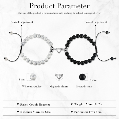 Pulseras de cuerda y piedras para pareja con dije de corazón magnético-Jessemade ES