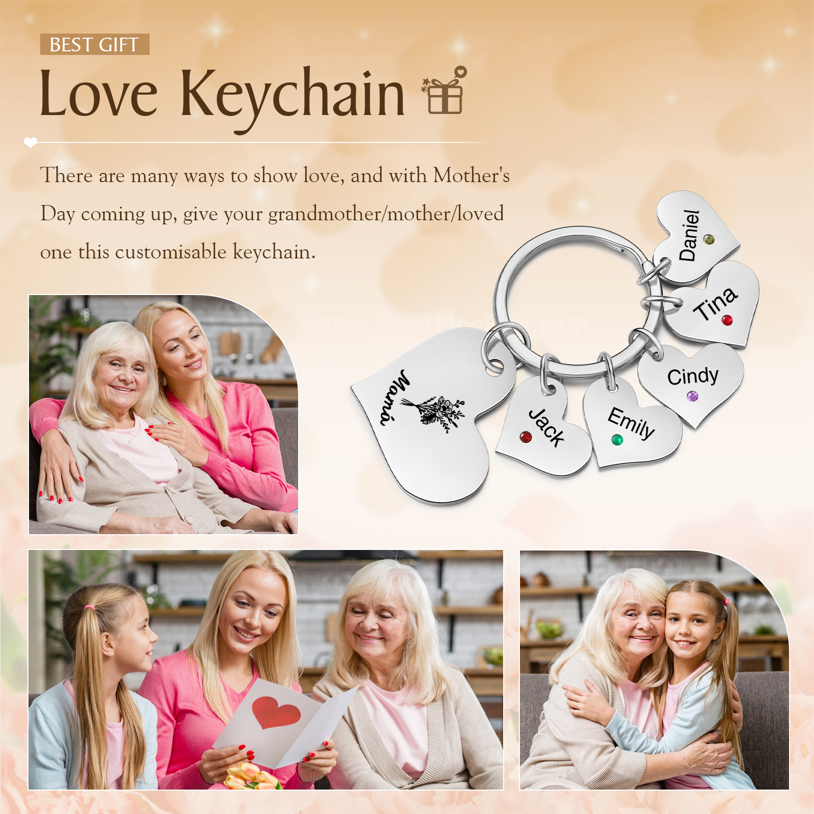 A mi mamá/abuela - Llavero con 5 nombres y piedras de nacimiento personalizados en corazones con texto y flor-Jessemade ES