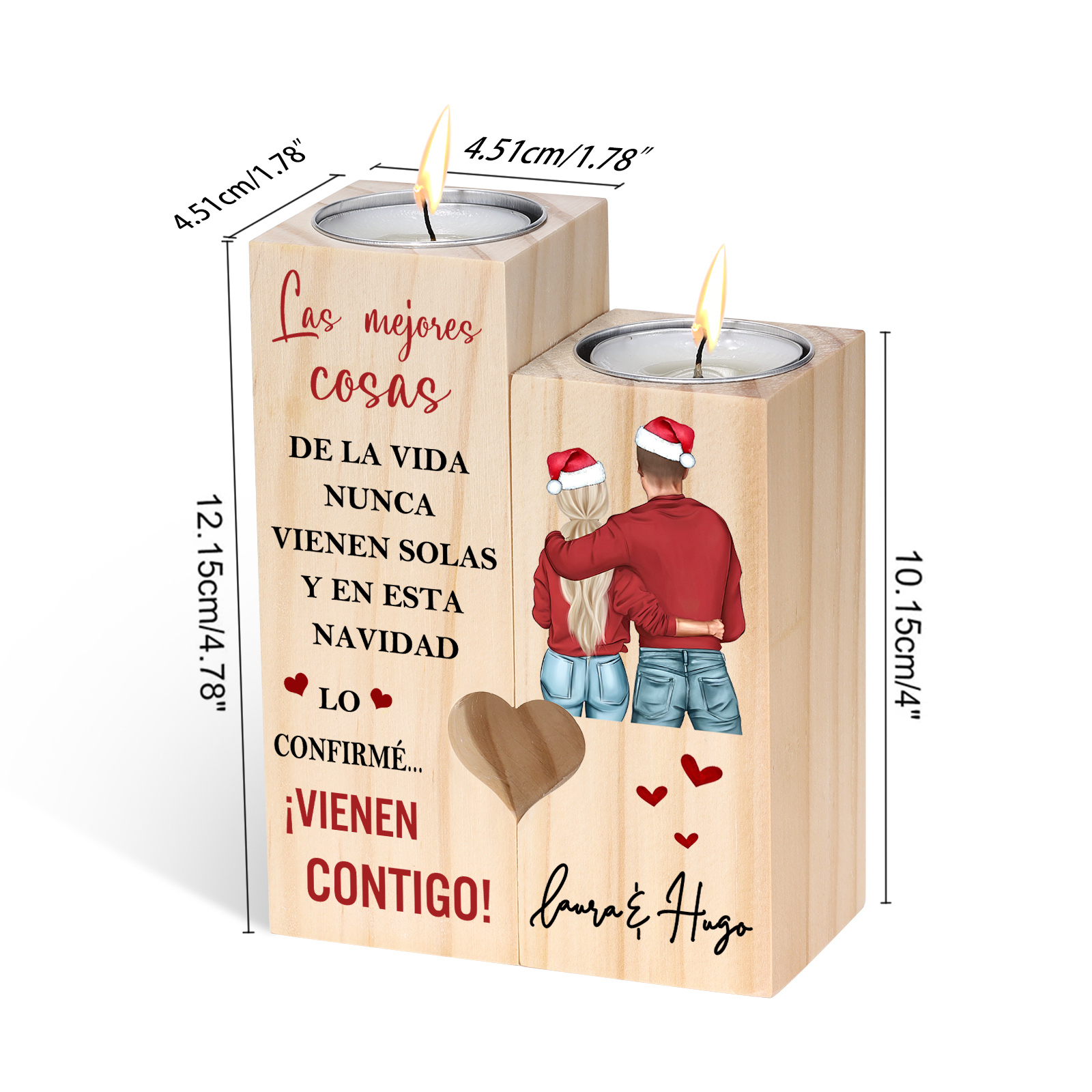 Regalo de Navidad-Candelero para pareja de madera de dos piezas sin candela con nombres personalizados-Jessemade ES