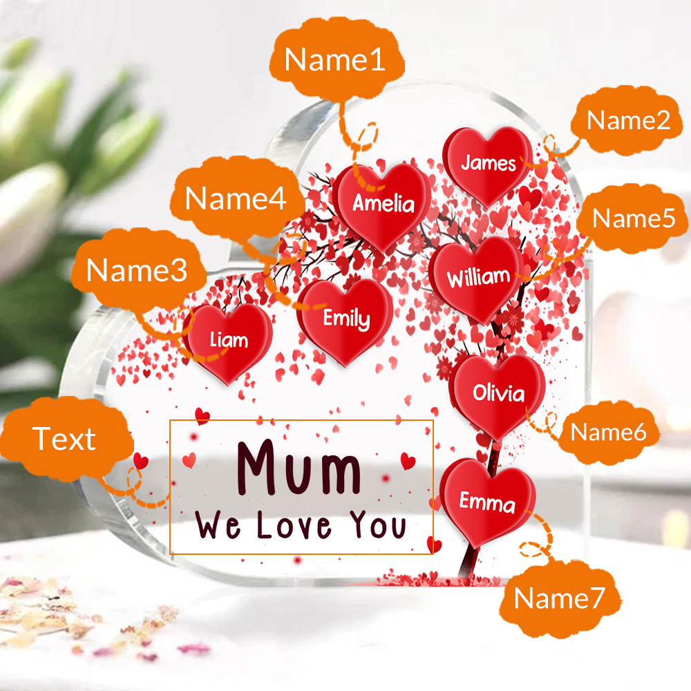 A mi mamá/abuela-Placa de acrílico "Corazones" en forma de corazón 7 nombres y 1 texto personalizados-Jessemade ES