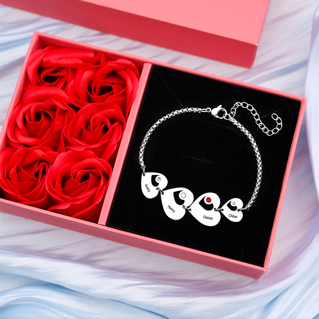 Pulsera de corazón personalizada con 4 nombres y 4 piedras de nacimiento-Jessemade ES