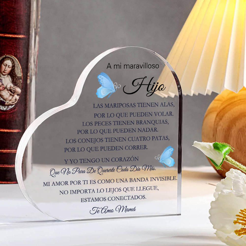 A mi hijo-Placa de acrílico en forma de corazón con 1 texto personalizado-Jessemade ES