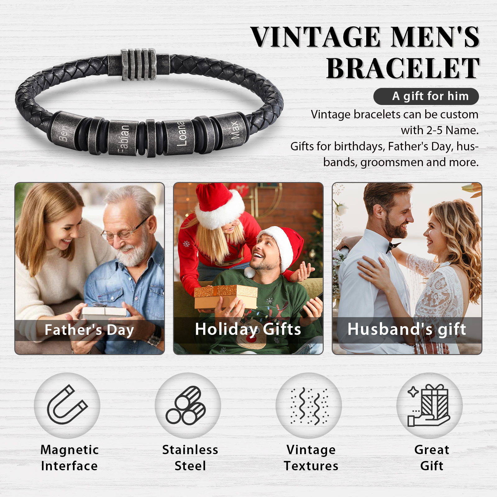 Pulsera de cuero trenzado con 4 aros 4 nombres personalizados pulsera de hombre -Jessemade ES