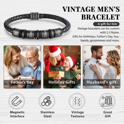 Pulsera de cuero trenzado con 4 aros 4 nombres personalizados pulsera de hombre -Jessemade ES