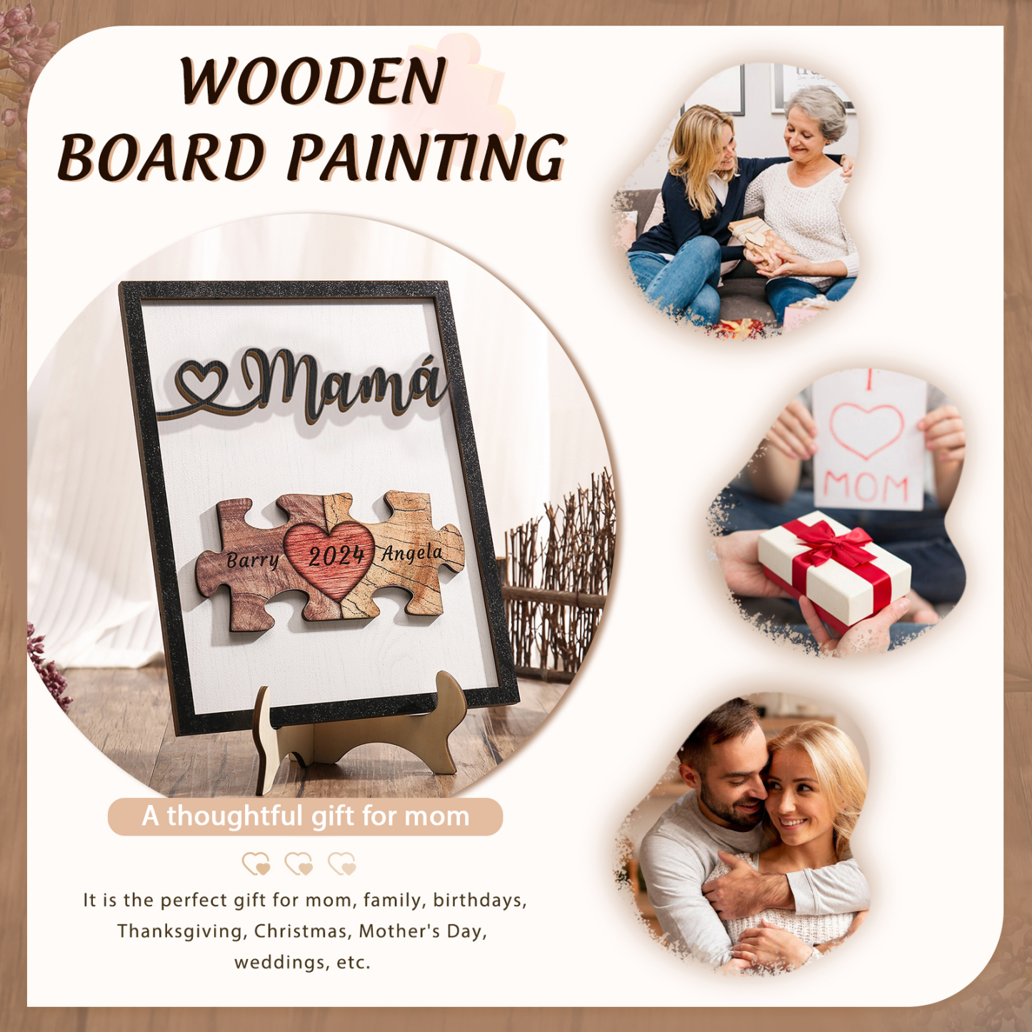 A mi mamá-Adorno 2-6 nombres y año personalizados decoración de madera rompecabezas-Jessemade ES