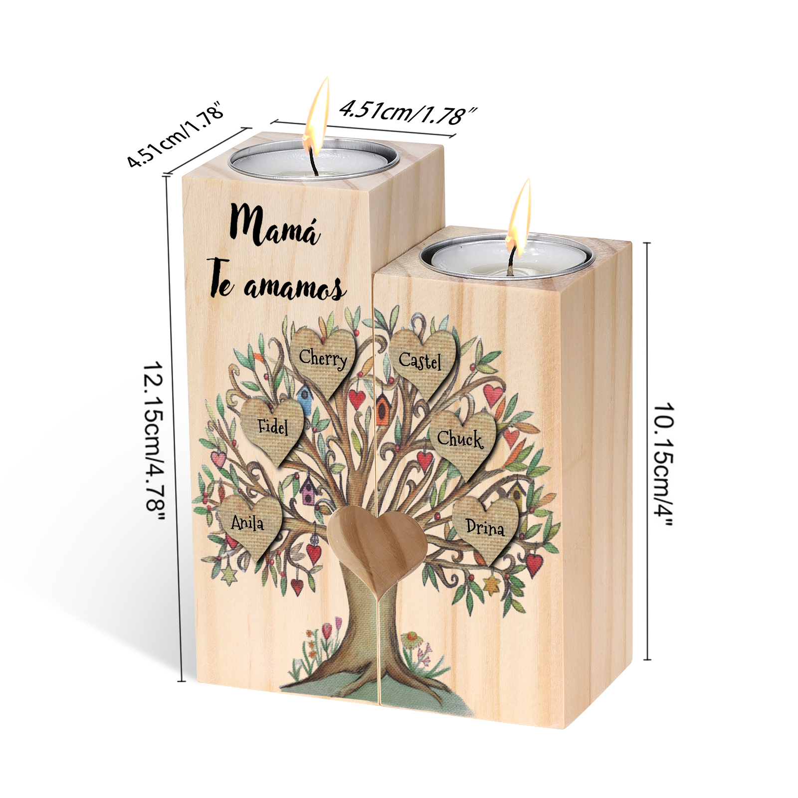 A la familia-Candelero de árbol de la vida de madera personalizado con 3-8 nombres y 1 texto sin vela-Jessemade ES