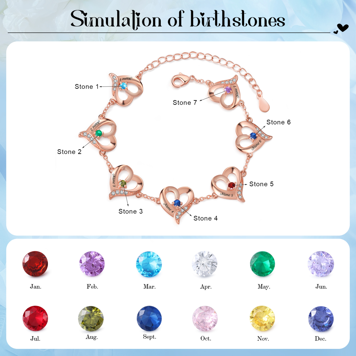 Pulsera 1-7 nombres y piedras personalizados con dije de corazón-Jessemade ES