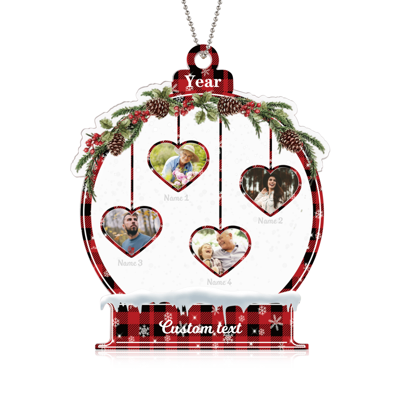 Navidad-Ornamento navideño de acrílico bola de cristal con 4 nombres, 4 fotos y 1 texto personalizados-Jessemade ES