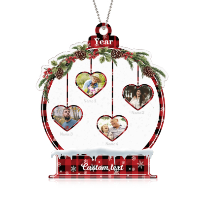 Navidad-Ornamento navideño de acrílico bola de cristal con 4 nombres, 4 fotos y 1 texto personalizados-Jessemade ES