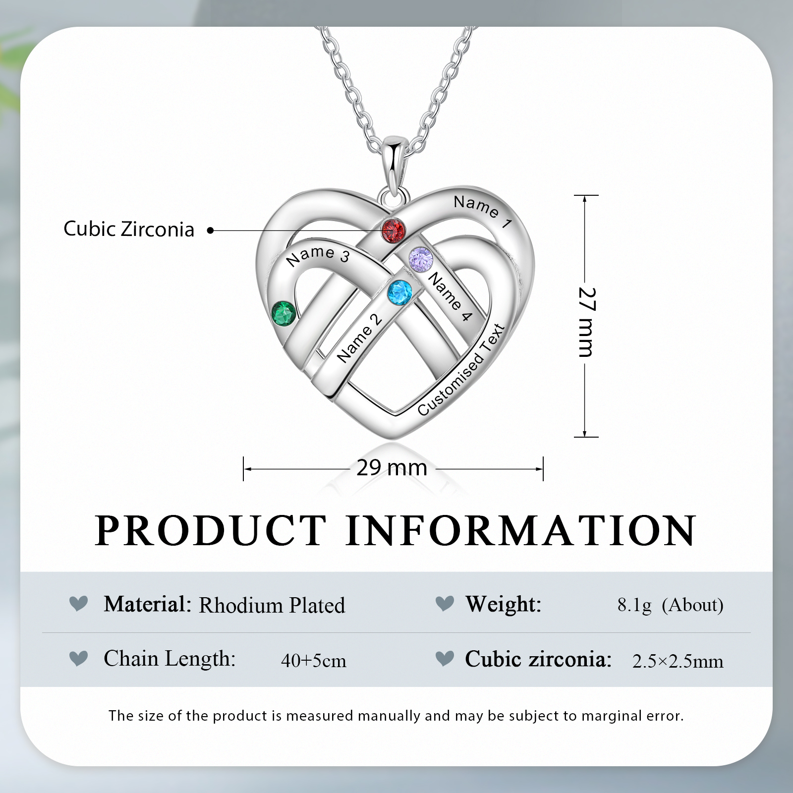 Collar de corazón con 4 nombres y piedras de nacimiento personalizados con texto-Jessemade ES