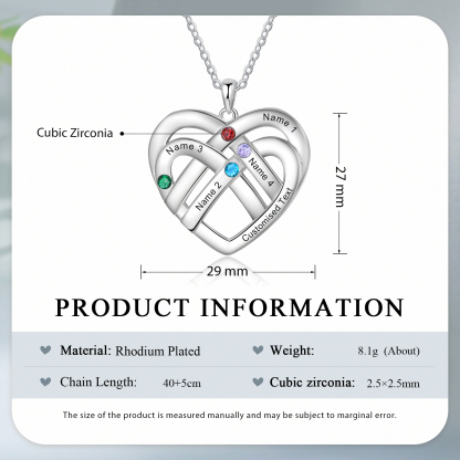 Collar de corazón con 4 nombres y piedras de nacimiento personalizados con texto-Jessemade ES
