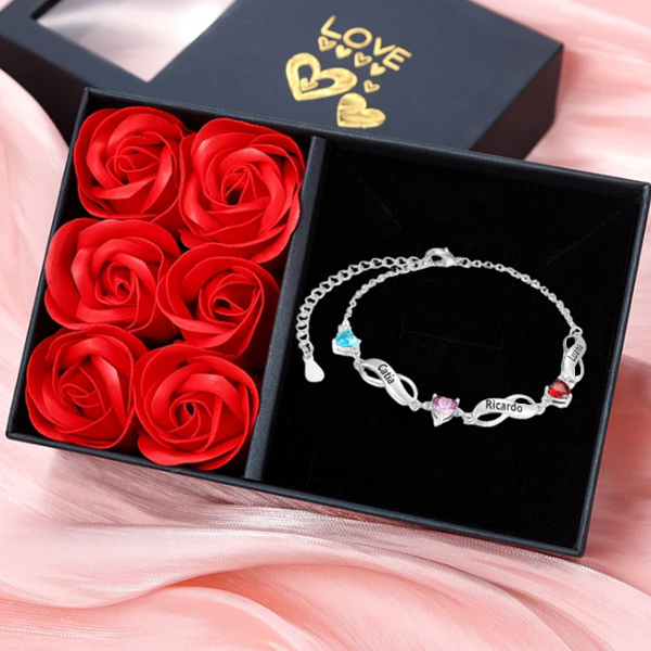 Pulsera "infinito" personalizada con 3 nombres y 3 piedras de nacimiento de corazón-Jessemade ES