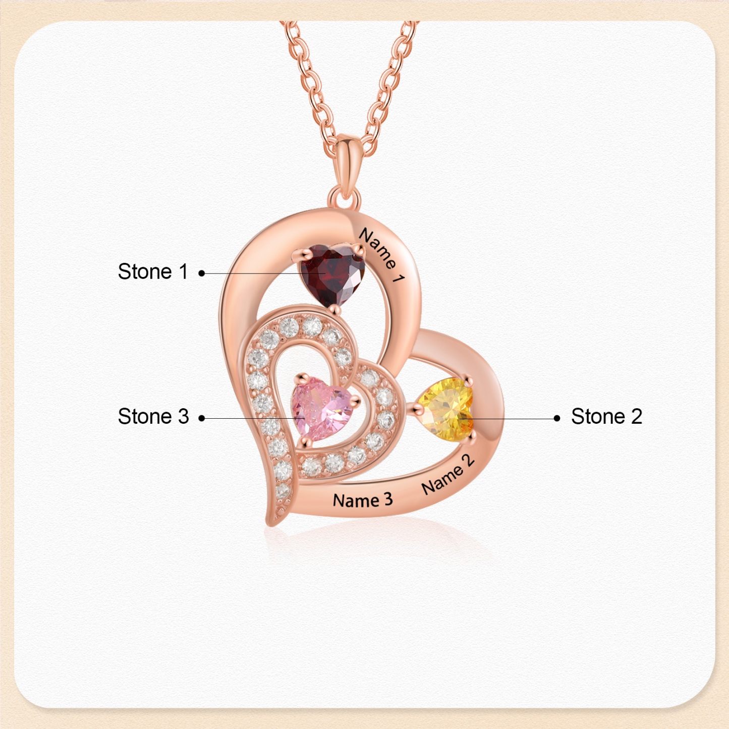 Collar corazón con 1-6 nombres personalizados y 1-6 piedras de nacimiento-Jessemade ES