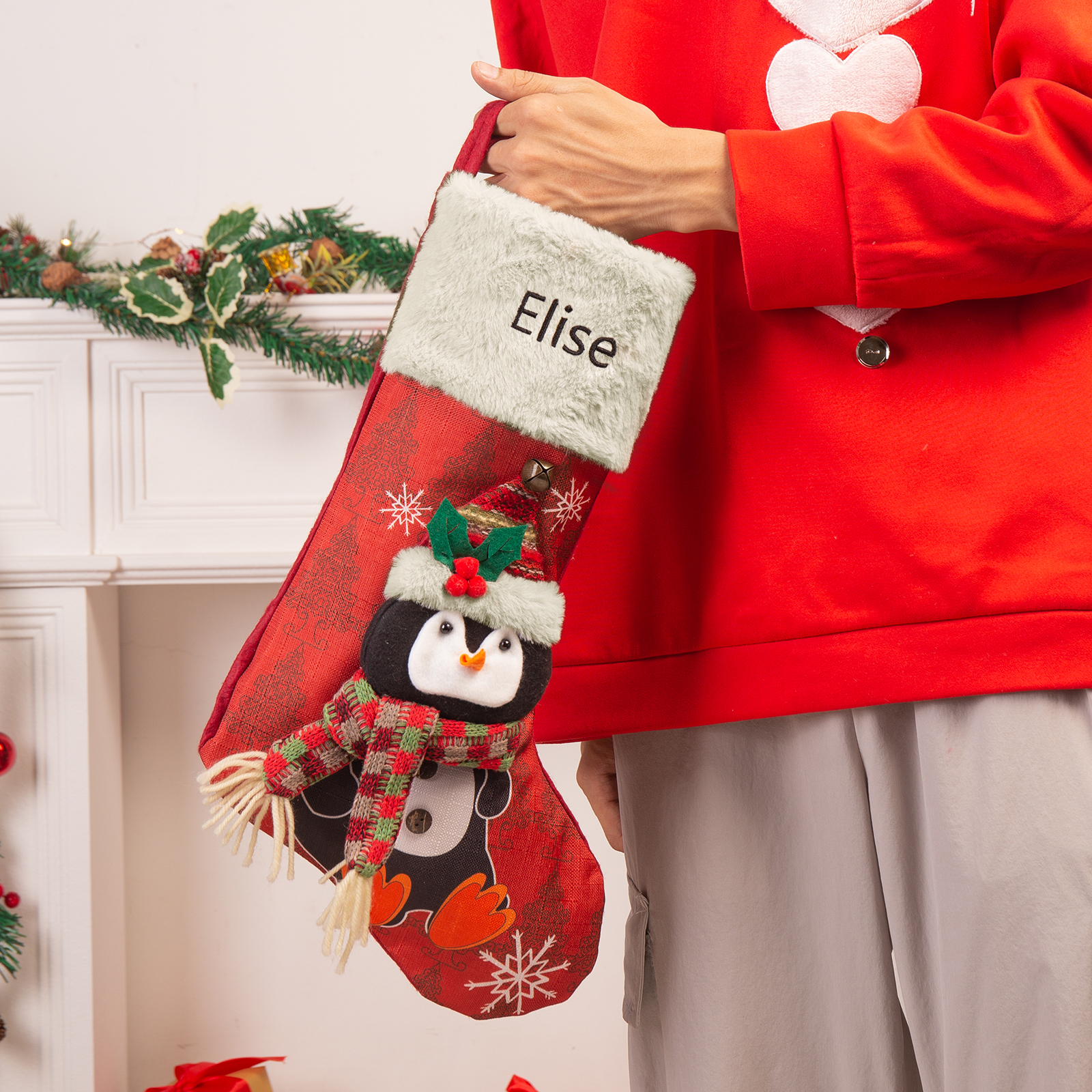 Adornos de medias navideñas con muñeco Bolsa de regalo 1 Nombre personalizado-Jessemade ES