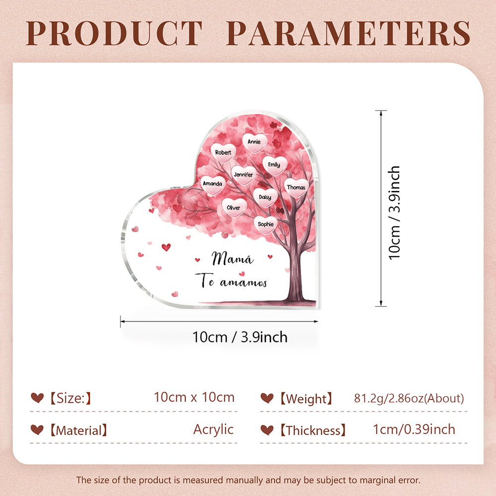 A mi mamá/abuela-Placa de acrílico "Árbol" en forma de corazón 9 nombres y 1 texto personalizados-Jessemade ES